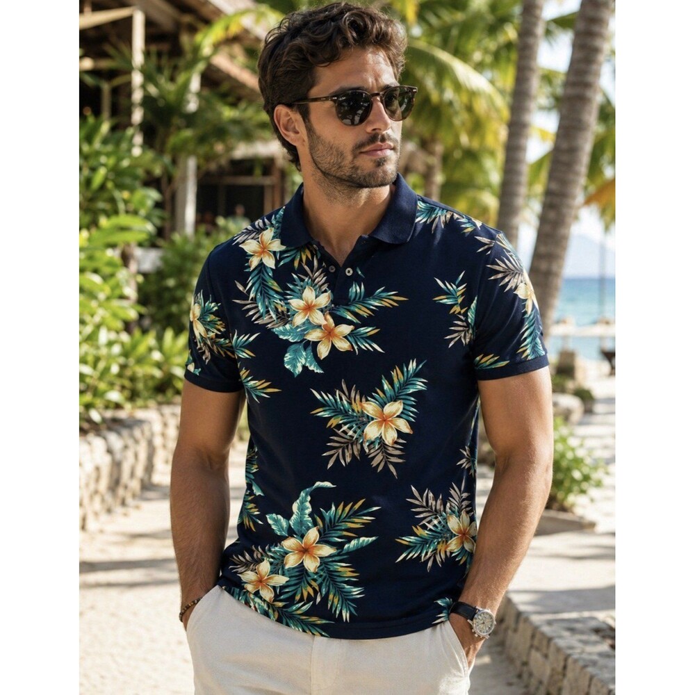 Banana Republic Tropical Floral Pique Polo Shirt Navy Blue Men’s Medium